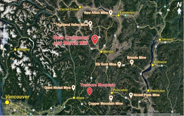 A map showing Nicola Mining’s project portfolio in mineral-rich regions of British Columbia